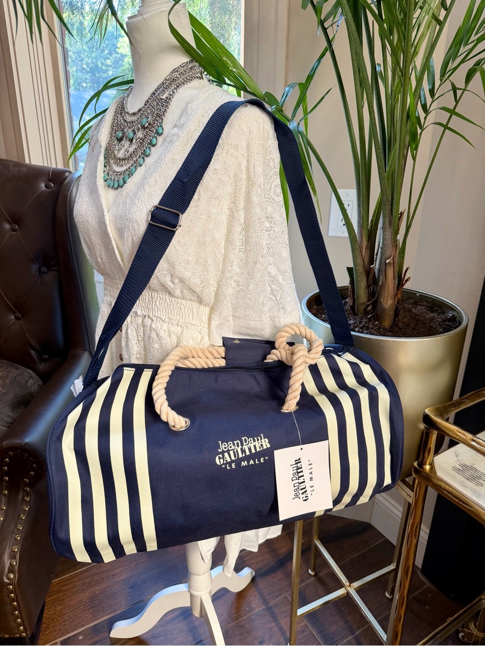Authentic Jean Paul Gaultier Navy Cream Striped Duffel travel overnight gym Bag